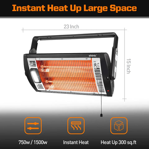 Indoor Electric Garage Heater With Ceiling Mount Radiant Quartz Heating 1500W Or 750W Work Light 23 Inch Wide