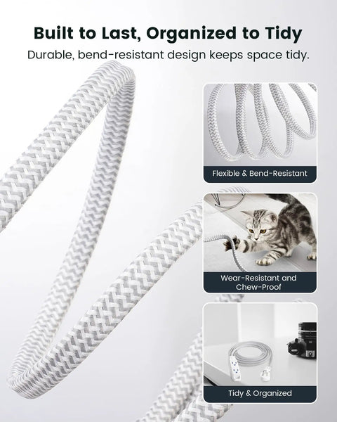 Close-up of white 10 Ft 360 Degree Rotating Flat Plug Extension Cord with braided design, showing flexibility and durability.