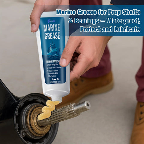 Marine grease tube being applied to a boat propeller shaft bearing; 200 ml.