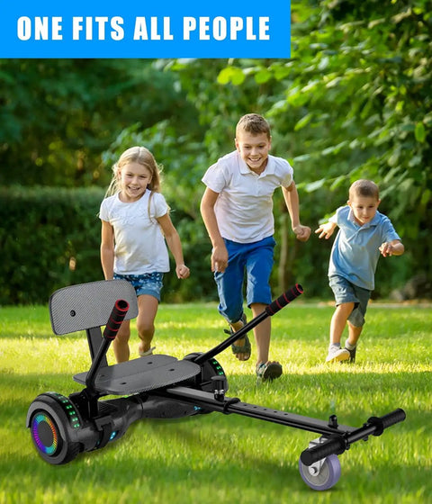 Seat Attachment For 6.5 Inch Self Balancing Scooters Go Kart With Bluetooth And LED Lights, kids running in the background