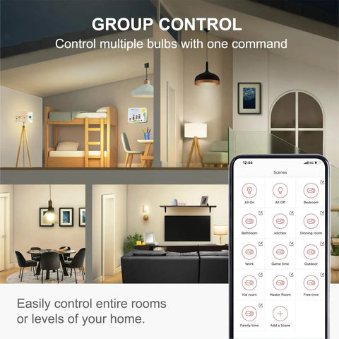 Alexa And Google Assistant Compatible Smart Light Bulbs No Hub Required A19 Soft White 2700K 800LM 60W equivalent, group control UI
