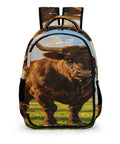 Front view of Dope Long Horn Brown Bull Print Backpack For Unisex Use Large Capacity Daypack Durable Polyester Travel School Work Bag