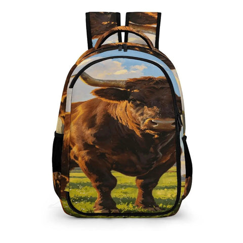 Front view of Dope Long Horn Brown Bull Print Backpack For Unisex Use Large Capacity Daypack Durable Polyester Travel School Work Bag