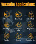 "Versatile applications of cold saw blade for cutting mild steel, steel stud, steel rod, steel pipe, corrugated iron, angle iron, flat bar, channel, threaded rod"