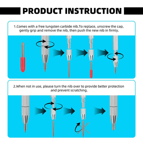 Product instruction showing replacement steps for Tough As Nails Tungsten Carbide Scribe Pen with knurled handle and nibs.