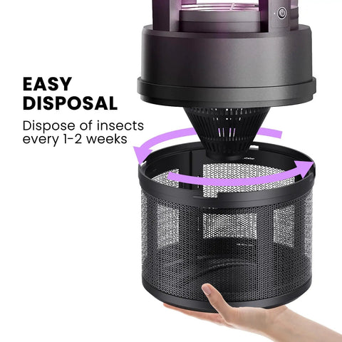 Outdoor Mosquito Trap With Lighting And Sleep Timer That Attracts Mosquitoes Flies Moths Gnats Wasps Beetles And No See Ums Indoor Or Outdoor Bug Zapper With 395nm UV Light For Fast Quiet Hassle Free Catch showing detachable insect catch basket for easy disposal.