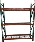 Heavy Duty Teardrop Pallet Rack Frame 48 Inch Depth By 144 Inch Height welded steel frame with three wire mesh shelves.