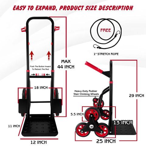 Stair Climber Hand Truck Dolly with Telescoping Handle Heavy Duty 440 Lb Capacity 3 Wheel Folding Design size and features chart