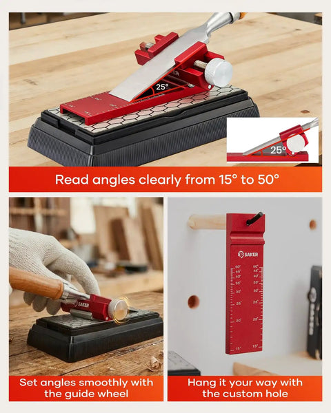 Heavy Duty Chisel Sharpening Jig And Wood Honing Guide With Adjustable Angles For Short Plane Blades on workbench showing angle reading.