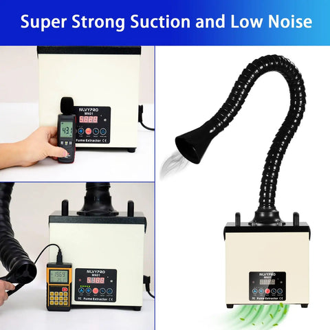 Fume Extractor With 255 M3/H Flow, 105W Power, LCD Display, showing remote control and flexible suction arm