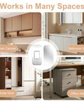 Ultra Thin Magnetic Cabinet Door Latches Hold Super Tight With Heavy Duty Adhesive For Kitchen, Bathroom & RV Cabinets Without Drilling Any Holes No Installation Hassle At All In This 12 Pack Set displayed in modern kitchen, bathroom, wardrobe, and office environments.