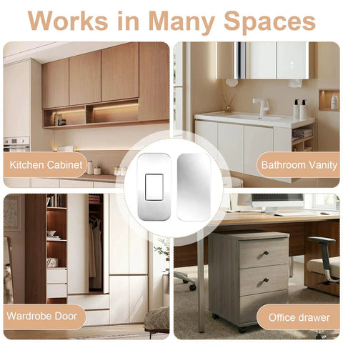 Ultra Thin Magnetic Cabinet Door Latches Hold Super Tight With Heavy Duty Adhesive For Kitchen, Bathroom & RV Cabinets Without Drilling Any Holes No Installation Hassle At All In This 12 Pack Set displayed in modern kitchen, bathroom, wardrobe, and office environments.