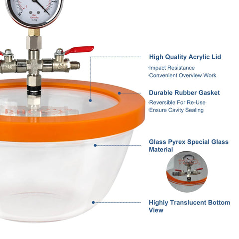 BACOENG 2.8-quart vacuum chamber with Pyrex glass bowl and orange lid, gauge and metal valves for resin degassing.