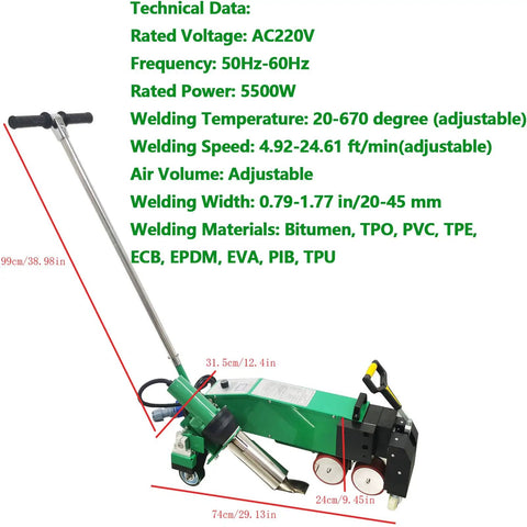 Professional Pro Level Ready 5500W Electric Hot Air Plastic Welder showing technical specs, adjustable features for welding applications.