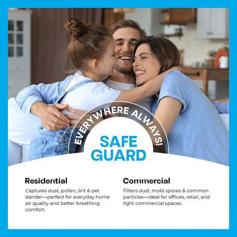 Family embracing on couch with overlay text about residential and commercial air filter benefits