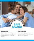 Family hugging on couch with text overlay describing benefits of Top Tier 14x14x1 Air Filter MERV 8 MPR 600.