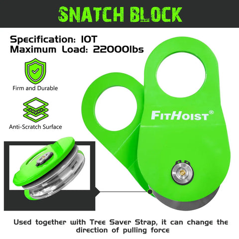 Offroad Recovery Kit With Snatch Block Pulley Ten Ton, Tree Saver Strap Three Inch By Eight Foot, And D Ring Shackles Three Quarter Inch, Winch Accessories For Cars, Trucks, SUVs, And ATVs, Heavy Duty Steel Gear For Rugged Trails; green snatch block pulley, 22000 lb load