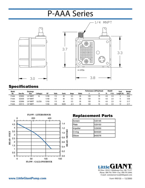 Compact 120 GPH Submersible Water Pump With Six Foot Cord For Fountains And Hydroponic Systems Plug And Play Setup Built Tough specifications and parts breakdown.