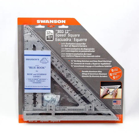 Big 12 12-Inch Speed Square Layout Tool Seven Tools In One With Matte Aluminum, packaging front view displaying black readable gradations.