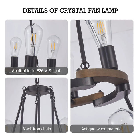 Wagon Wheel Chandelier 9 Light Farmhouse Ceiling Light in black metal and wood frame, close-up of E26 bulb fittings and chain.