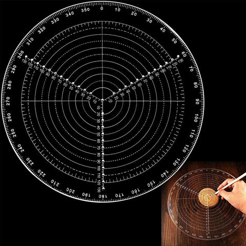 Clear acrylic round center finder compass with concentric circle gauge for drawing circles in woodworking, front view