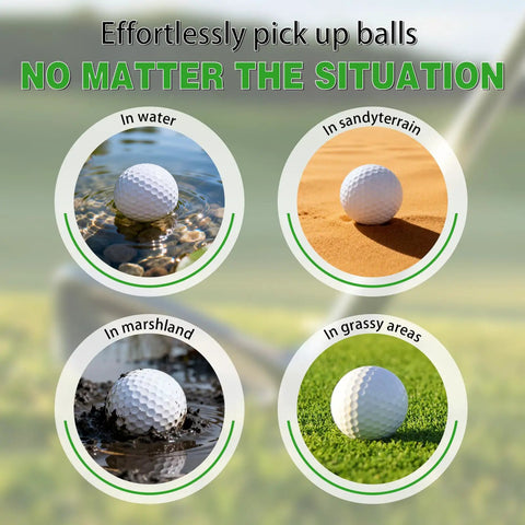 Golf balls in water, sand, marshland, and grass showing use of 9 Foot Telescopic Golf Ball Retriever With Heavy Duty Stainless Steel Shaft