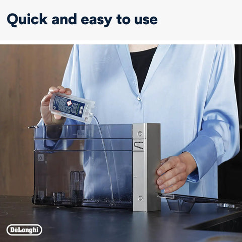Person using Eco Friendly Universal Descaler For Coffee And Espresso Machines Pack Of Two, pouring solution into machine.
