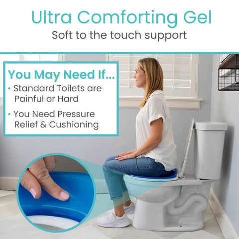 Woman using Gel Toilet Seat Cushion Pad With Raised Padded Riser For Elongated And Standard Toilet Seats And Commode Chairs 0.6 Inch Thick Gel Pad Delivers Pressure Relief And Pain Relief Comfy Seat Warmer And Adhesive Donut Pad For Seniors on a toilet.