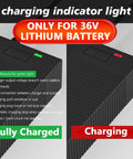 36V Li Ion Battery Charger 42V 2A For Electric Scooters Hoverboards And E Bikes Compatible With 36V Battery Packs Only 100-240V Input Safe Fast Charge For 10S 36V Systems Not For Lead Acid with charging indicator light showing fully charged and charging states