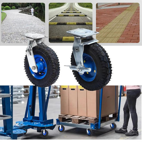 Heavy Duty Swivel Caster Wheels With Inflatable Rubber Tires Smooth Rolling Industrial Cart Casters Built Badass For Heavy Lifting 10 Inch Pneumatic Wheels And Swivel Brake 2 Pack on carts in warehouse