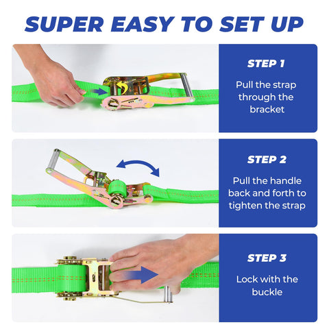 Setting up Heavy Duty Car Trailer Tie Down Straps With Snap Hooks And Ratchet Straps For Cars, Trucks, And UTVs, 10000 Lb Break Strength