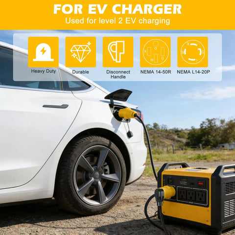 Nema L14 To 14 50 R Adapter For Ev And Rv Setup Twist Lock Generator Power Cord Connector charging an EV in a campground.