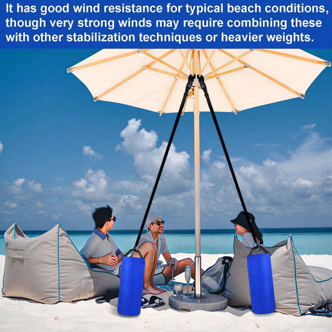 Two Pack 10L Beach Umbrella Sand Bags With 50x18 Cm Fillable Anchors Heavy Duty 600D Oxford 10-15 Kg Load Capacity in use at beach