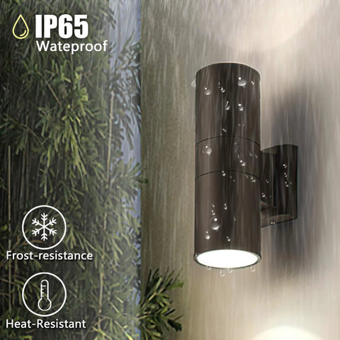 Two Pack LED Outdoor Wall Lights 14W 2700K Matte Black Aluminum Up Down Cylinder Exterior Porch Patio Door Lighting Weatherproof IP65 Energy Efficient Bridgelux LED displayed outdoors in rain, wall-mounted.