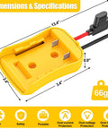 DeWalt 20V Battery Adapter With Beefy 14 Gauge Wire And Fuse Protection, dimensions and size specifications shown.