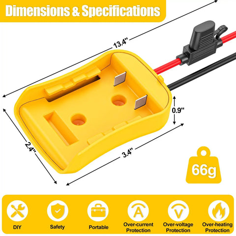 DeWalt 20V Battery Adapter With Beefy 14 Gauge Wire And Fuse Protection, dimensions and size specifications shown.