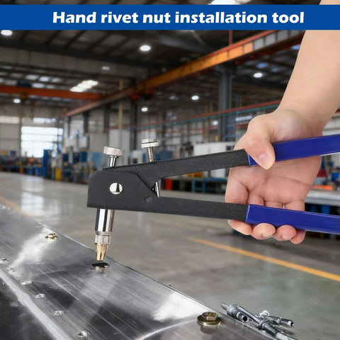 Hand using All In One Rivet Nut Tool Kit With 430 Pcs Metric Rivnuts Five Size Assortment M3 M4 M5 M6 M8 Hand Nutsert Tool Carbon Steel Rivet Nut Kit For Automotive Marine And Home Improvement on metal surface