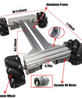 Angled front view of a four-wheel metal robot chassis with aluminum frame, 97mm mecanum wheels, and encoder motor.