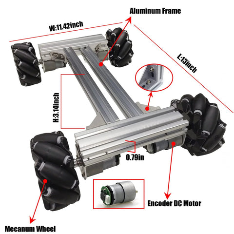 Angled front view of a four-wheel metal robot chassis with aluminum frame, 97mm mecanum wheels, and encoder motor.