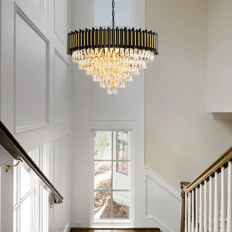 3 Tier Black And Gold Crystal Chandelier Pendant Light Fixture for Living Room Dining Room Kitchen Foyer Bedroom and Entryway