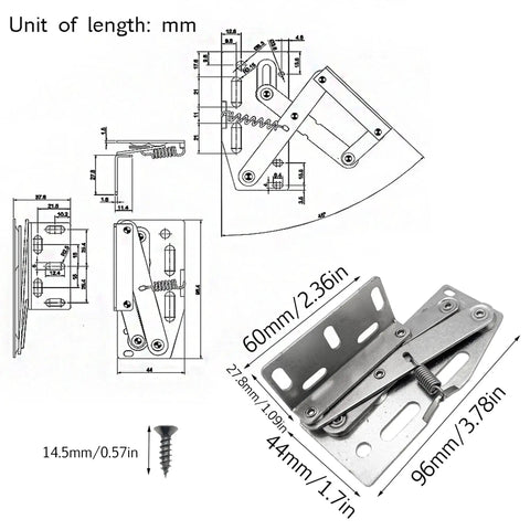Technical drawing and measurements of Go To 45 Degree Tip Out Hinge Set For Kitchen Sink Front Drawers Folding Sofa And Bathroom Cabinets Nickel Plated Steel Spring Hinges Rust Resistant Durable Hardware 4 Piece Pack