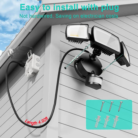 Plug In Outdoor Flood Light With Motion Sensor and Remote, 5500 Lumens, Wall Mounted on House, IP65 Waterproof, 5000K Daylight