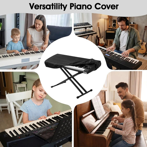 61 Key Piano Keyboard Dust Cover With Adjustable Drawstring shown in various home settings