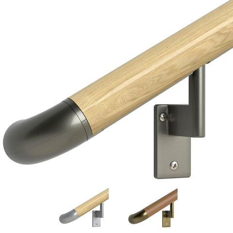 Oak Wood Wrapped Aluminum Core Handrail Kit For Indoor Stairs 3 Feet Long With 1.6 Inch Round Railing TrueWood Look ADA Compliant
