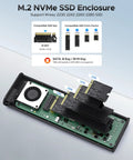 Internal view of No Sweat 40Gbps M2 NVMe SSD Enclosure showing compatible M-key SSD sizes and cooling fan.
