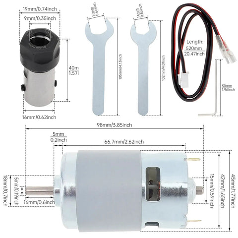 Image of the High Speed 24V CNC Spindle Motor Kit With ER11 Collets One Eighth Inch And One Quarter Inch For 3018 And 1610 Milling Router Machines 20000 RPM DC Motor Package With Wrenches And Holder For DIYers, showing motor dimensions and accessories.