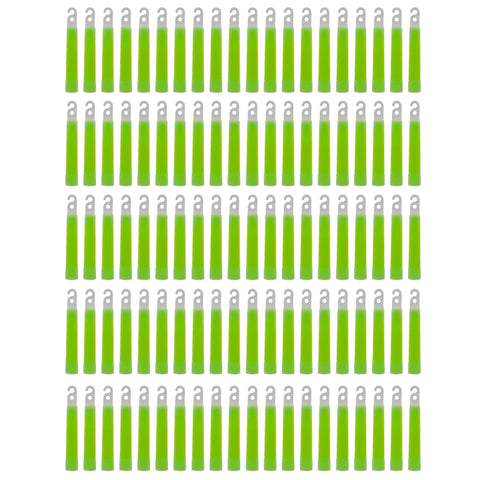 100 Chemlight Light Stick Military Grade 6 Hour Glow 4 Inch Long Ultra Bright Green sticks arranged on white background