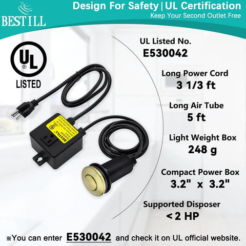 Super Safe Ul Certified Sink Top Air Switch Kit For Garbage Disposal Brushed Gold Long Push Button With Brass Cover Works With Any Food Waste Disposal Easy To Install Reliable Power Module, showing power cord and brass button details.