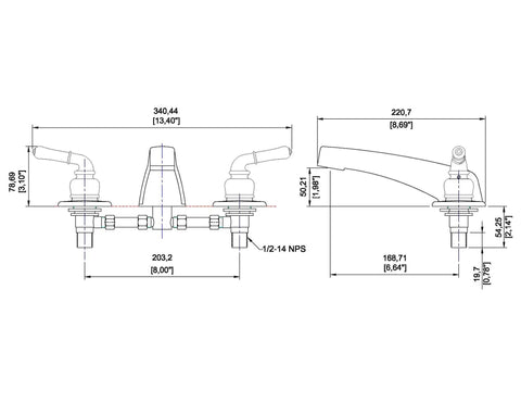 Technical drawing of Two Handle Non Metallic Adjustable Garden Tub Filler For Mobile Homes With Lever Stops Three Hole Install