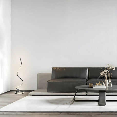 Dope 37 Inch LED Spiral Floor Lamp With Curved Modern Design for office and living room, dimmable, stands by sofa in jet black